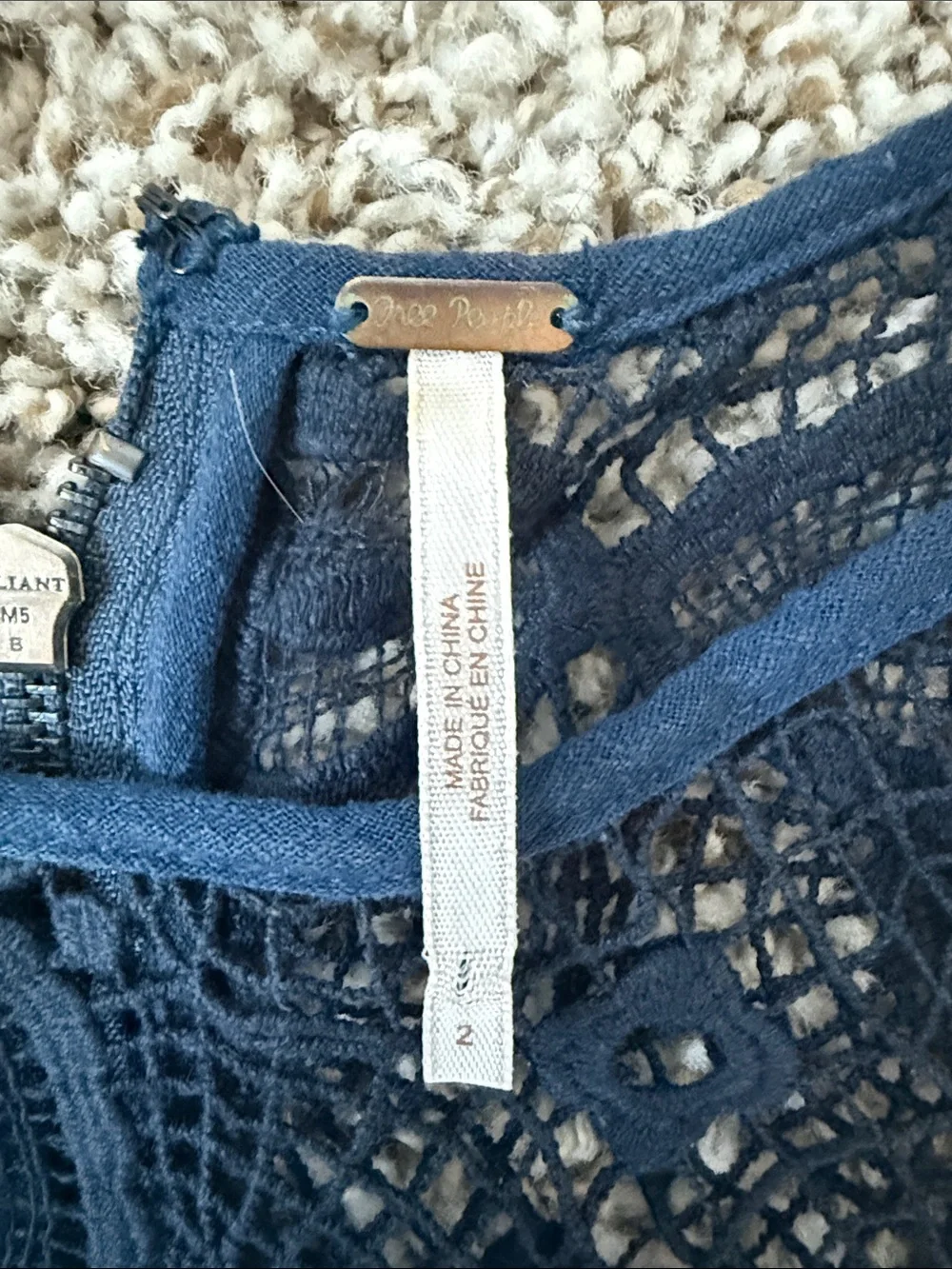 Free People Navy Crochet Lace Top with Metal Brand Tag
